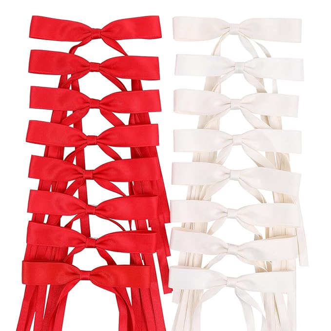 Red Hair Bows Clips Coquette Ribbon Bowknot with Long Tail Princess Hair Bows French Barrettes Hair Accessories for Women Girls 16PCS (Red, Cream)