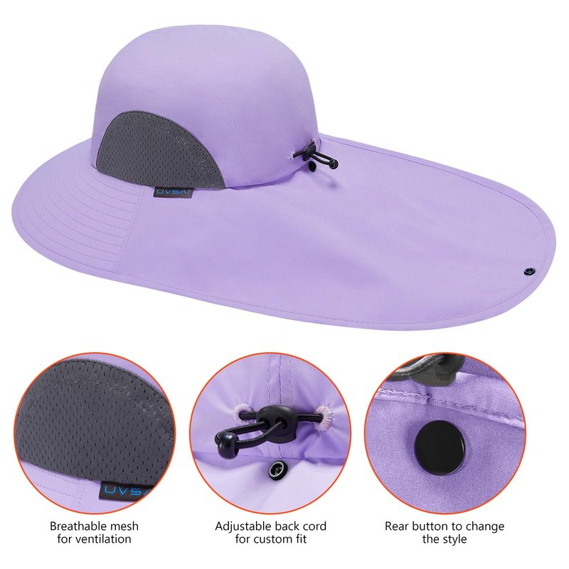 UVSAI UPF 50+ Foldable Sun Hats Wide Brim with Large Neck Flap for Men Women UV Protection Gardening Fishing Beach Hat Pale Lavender