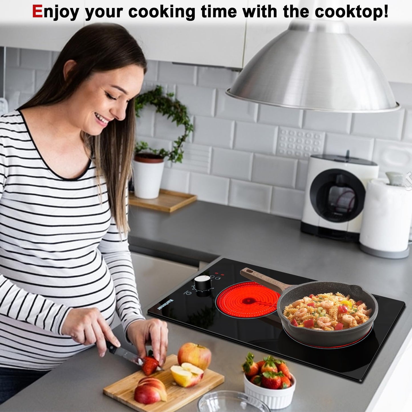 Karinear 110V Electric Cooktop 2 Burners, 19 Inch Electric Stovetop Knob Control, 110v Outlet Plug, Countertop Use or Built-in Radiant Ceramic Cooktop, 9 Power Level