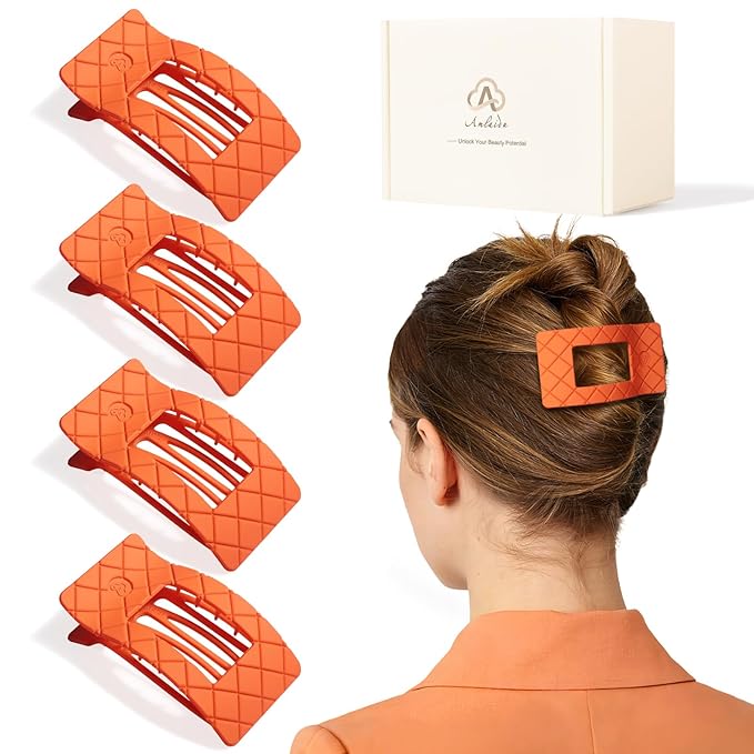 Large Flat Hair Claw Clips for Women for Thin Thick Hair, Stylish Strong Hold Non Slip Square Hair Clips, Cozy French Lay Down Hairclips, Comfortable All-Day Wear, Orange, 4 Pcs