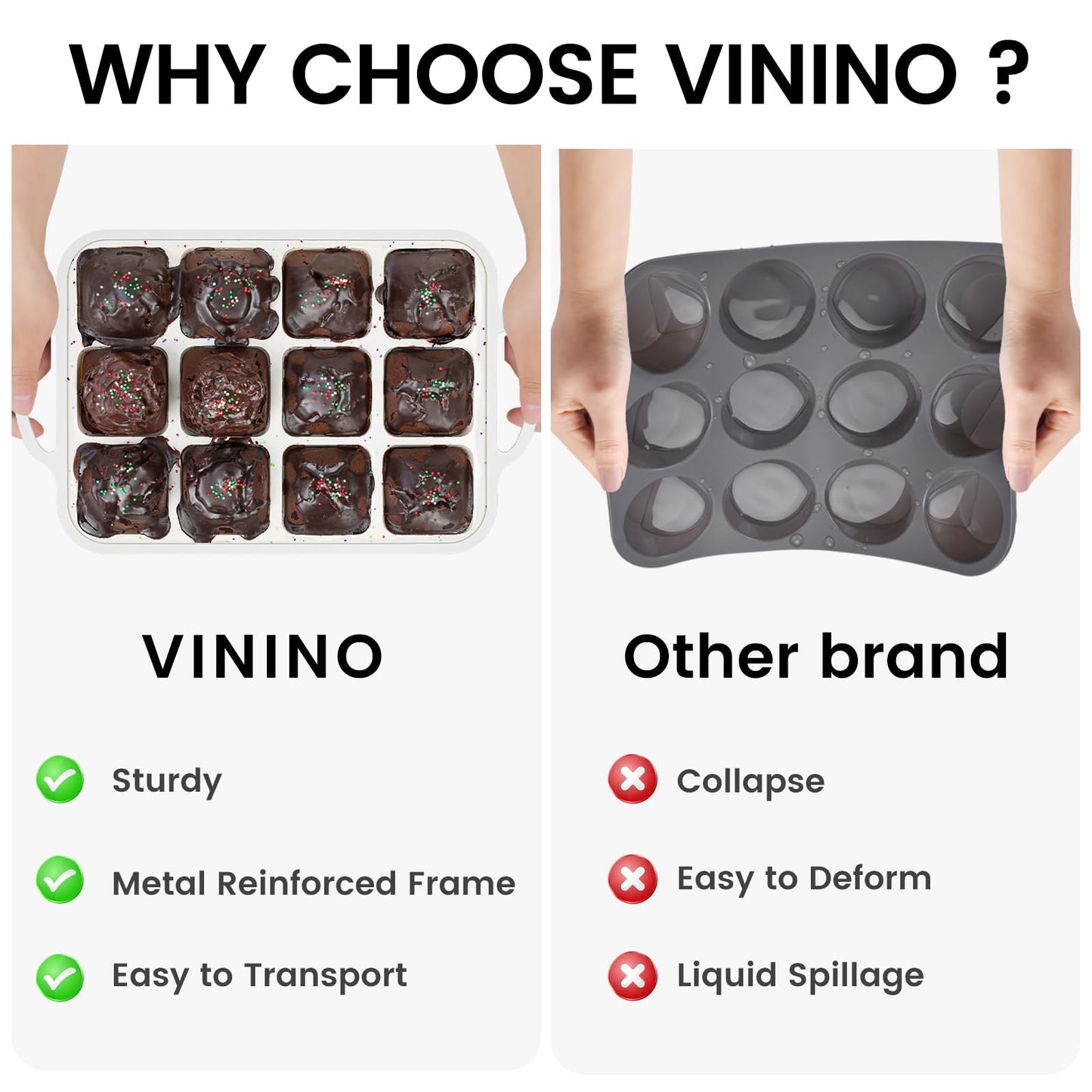 Vinino Silicone Brownie Pan With Dividers, 2 Pack Mini Loaf Pan for Baking Individual, Nonstick 12 Cups Square Muffin Cupcake Pans with Metal Reinforced Frame-Cream