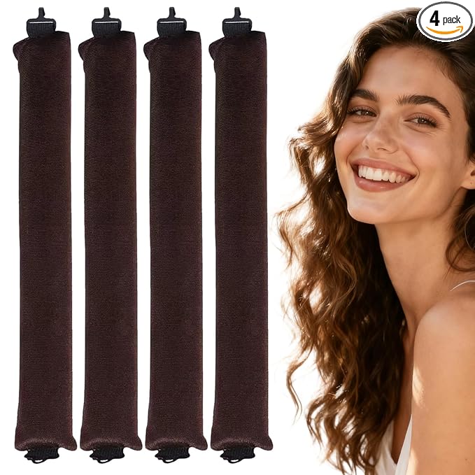 Overnight Heatless Hair Curler Blowout Rods Jumbo, Heatless Curls Satin Flexi Rods for Overnight Sleeping, No Heat Curling Tool for All Hair Types, Soft Heatless Hair Curler (brown, 4 Rods)