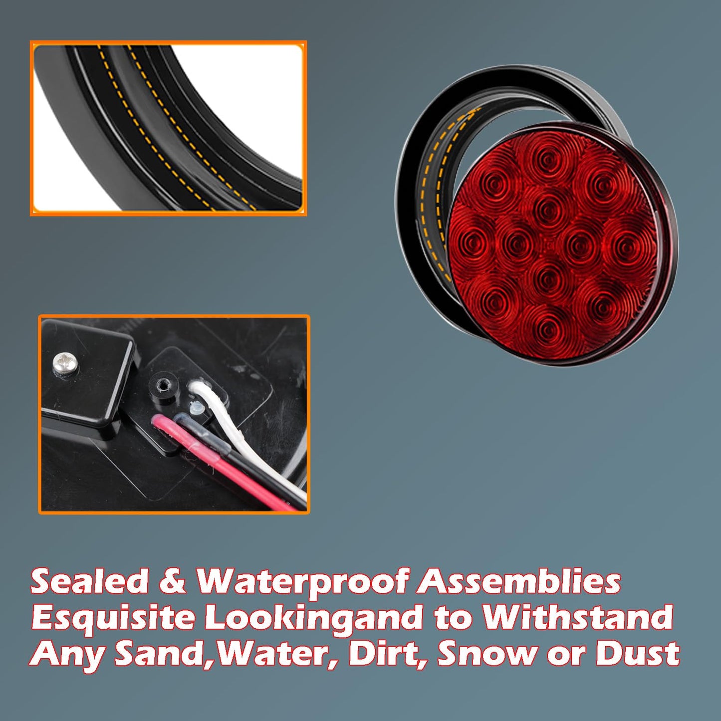 fouwick LED Trailer Lights Kit, 12V Submersible Tail Marker Lights with Wiring Lamp Harness for Boat Car Truck RV Utility Snowmobile Turn Signal License Plate Stop Reverse, 4 Inch Round Amber