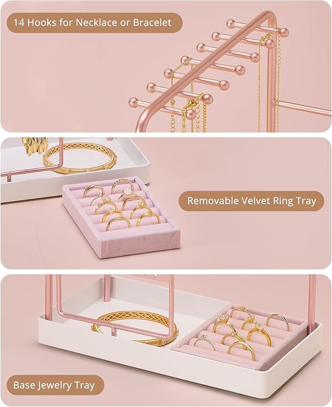 ProCase Jewelry Stand Holder Organizer, Jewelry Display Storage with Ring Tray, No-Assembly, Rotating Earring Bracelet Necklace Holder, Valentine's Gifts Room Dorm Decor for Teen Girls -Rosegold