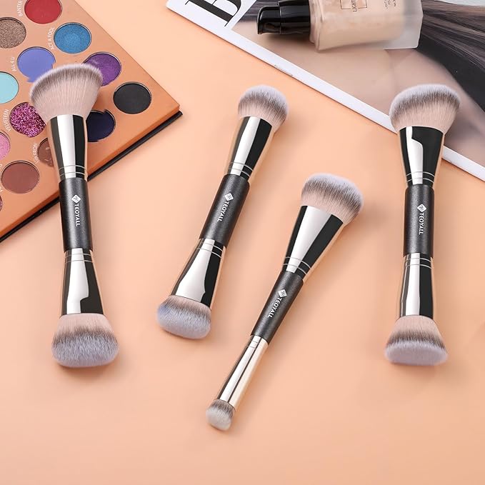 TEOYALL Dual-Ended Foundation Contour Brush, Flat Top and Angled Synthetic Bristles for Bronzer Liquid Cream Powder