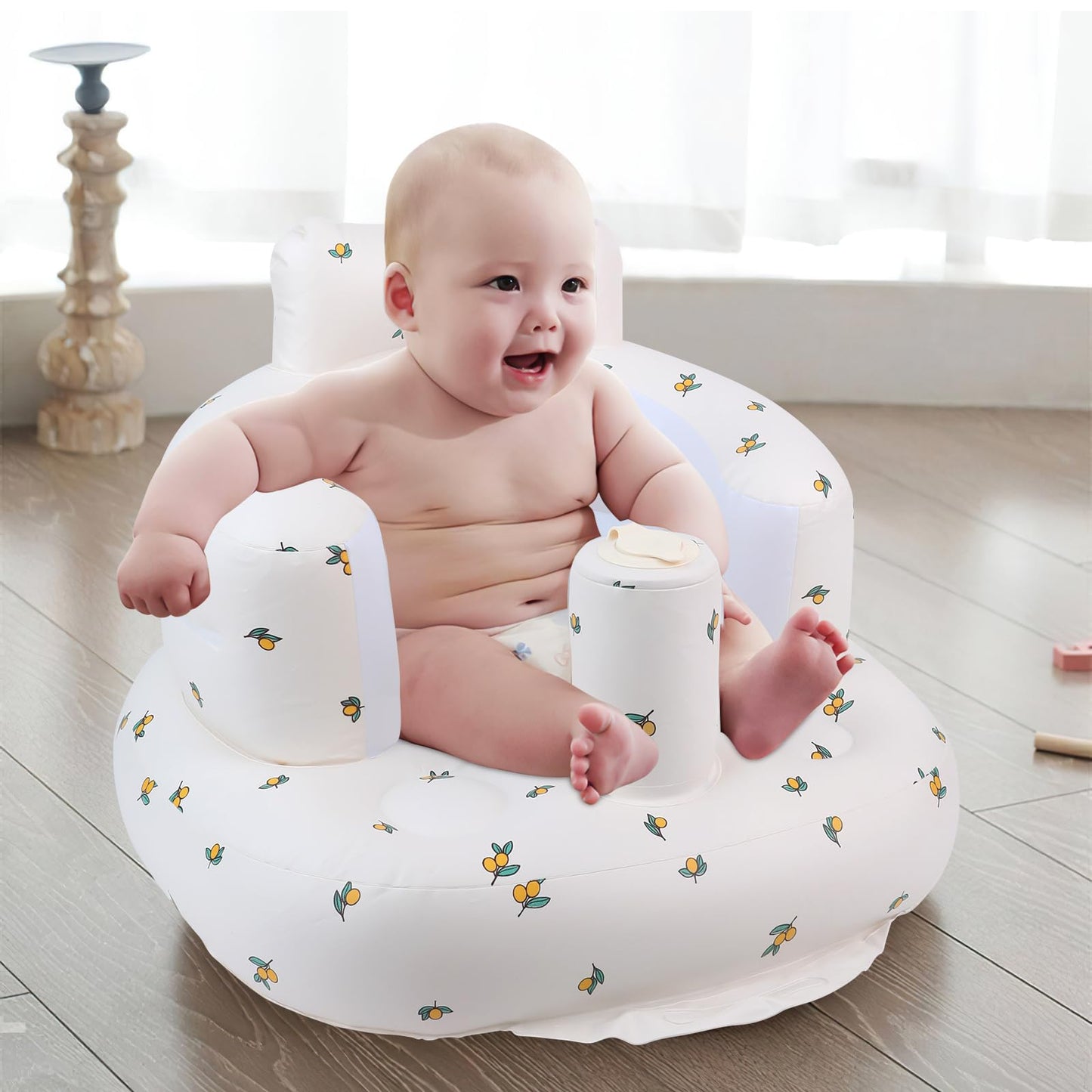 EKEPE Inflatable Baby Seat for Babies 3 Months & Up, Baby Floor Seats for Sitting Up, Baby Seats for Infants, Blow Up Baby Chair with Built in Air Pump - Olive Flower