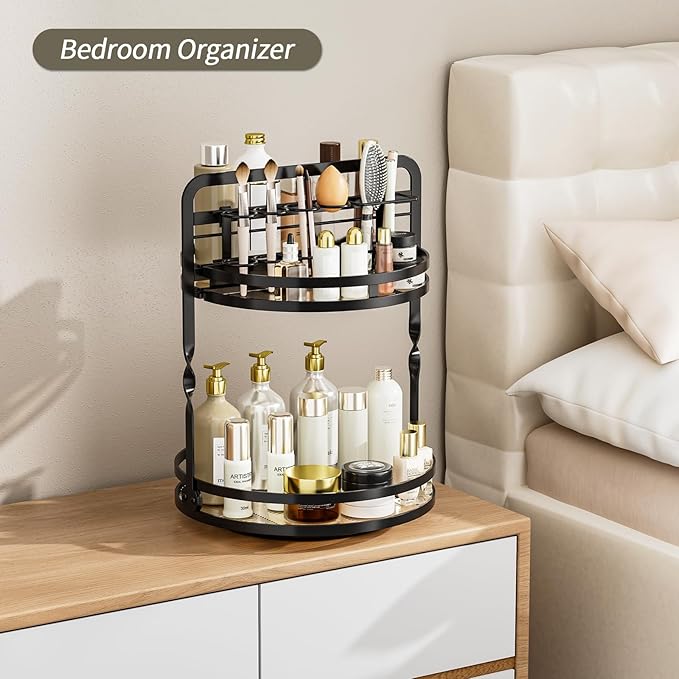 360ÃÂ° Rotating Makeup Organizer, 2-Tier Black Perfume Organizer for Dresser, Bathroom Organizers Countertop, Perfume Shelf with Makeup Brush Holder, Skincare Holder Cosmetic Display(Black)