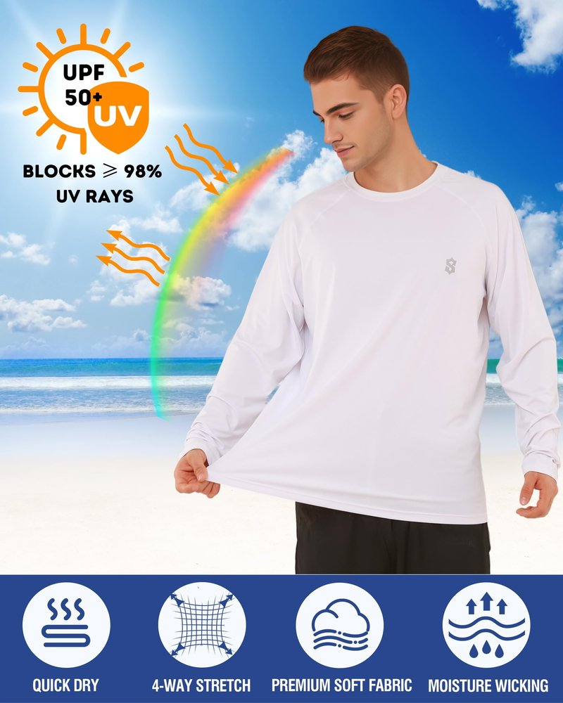 SUNTASY Men's Long Sleeve UPF 50+ Sun Protection T-Shirt Quick Dry Lightweight Fishing Running Rash Guard White