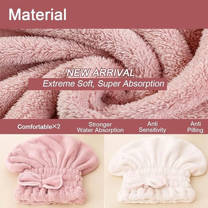 Jseng 2PC Microfiber Hair Drying Caps, Extrame Soft & Ultra Absorbent, Fast Drying Hair Turban Wrap Towels Thick Fluffy Shower Cap for Women