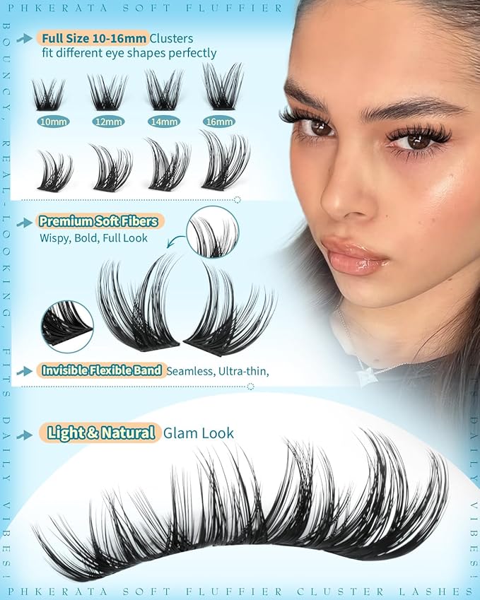 PHKERATA Fluffy Lash Clusters Wispy Eyelash Clusters, 3D Volume Cluster Eyelash Extensions, DIY Individual Lashes with Soft Thin Band, 162Pcs, 10-16mm