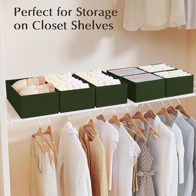DIMJ Drawer Organizers Clothes, Set of 4 Dresser Organizer Bins, Fabric Closet Organizers and Storage, Shallow Drawer Dividers for Nursery, Clothing, Baby Clothes, Socks, Underwears, Tie (Green)