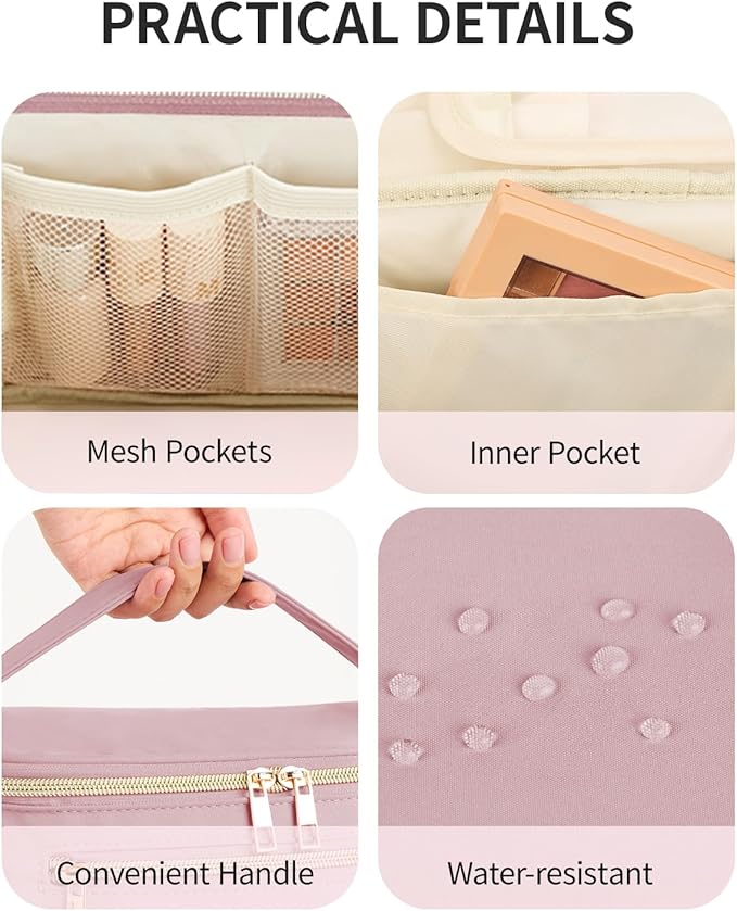Wandering Nature Large Makeup Bag, Travel Make Up Organizer Cosmetic Brush Bags Case for Women in in Fabric,Pink,Patent Pending