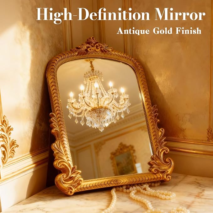 YUSONG Vintage Gold Mirror for Desk - 12" Vanity Mirrors with Resin Frame Decorative Wall Art for Tabletop Living Room Retro Decor