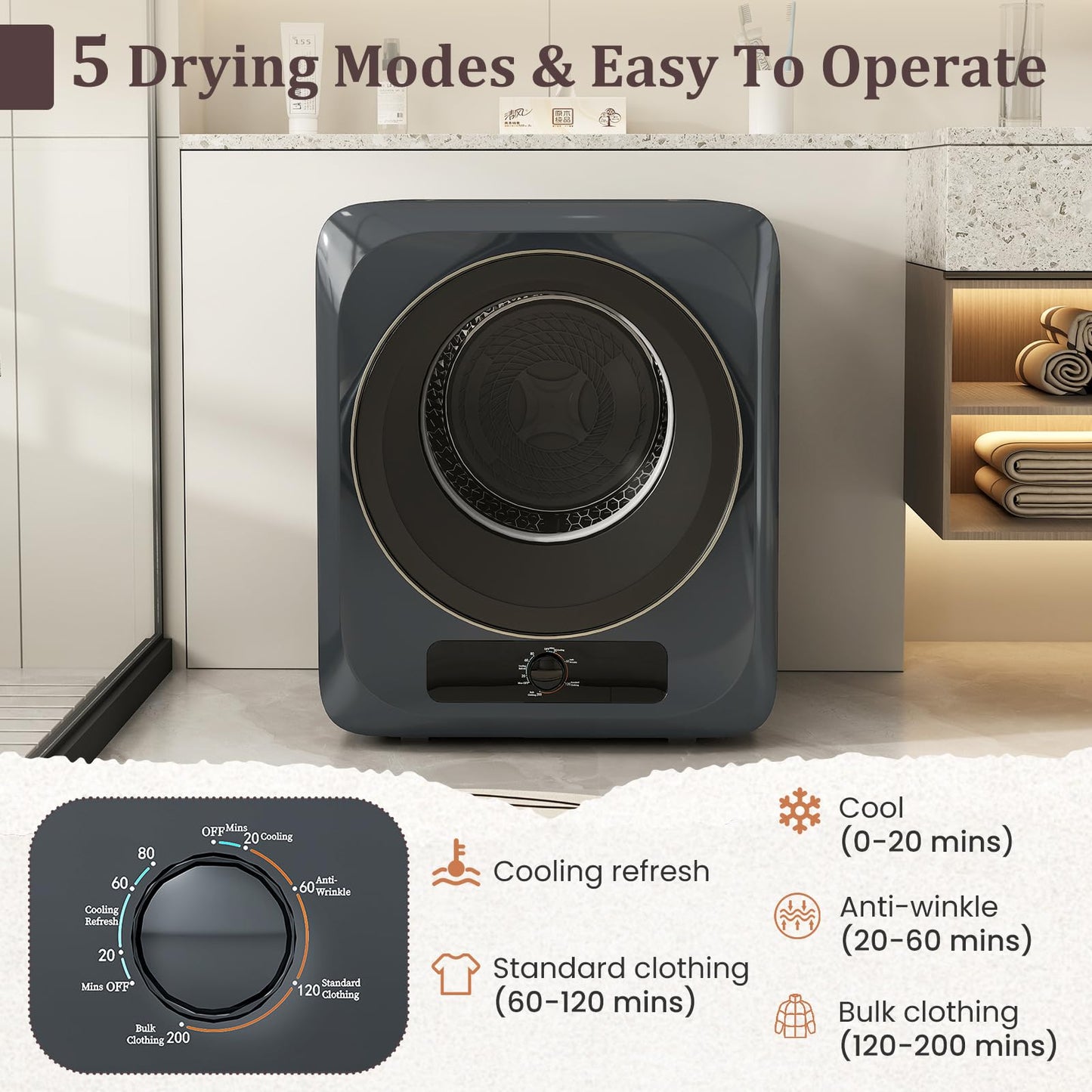 Auertech 1.5 Cu.Ft Portable Clothes Dryer, 850 W Front Load Electric Dryer Machine with Stainless Steel Drum, Simple Control Knob, Compact Tumble Dryer for Laundry Apartment, Dorm, RV, Grey