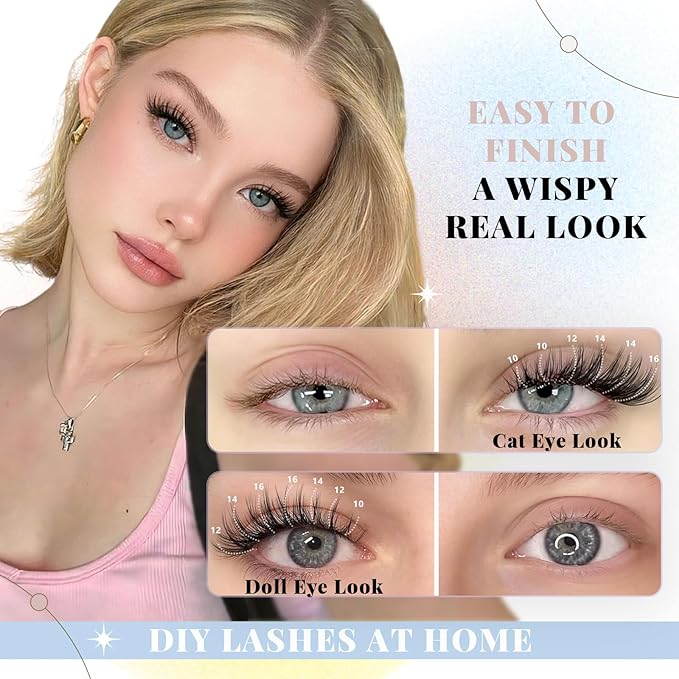 Wispy Lash Clusters Kit, Natural Lash Cluster Eyelash Extensions 320 Pcs C Curl 10-16mm Individual Fluffy False Eyelashes Thin Band DIY Kit for Beginners at Home with Bond Seal Remover Tweezers Brush