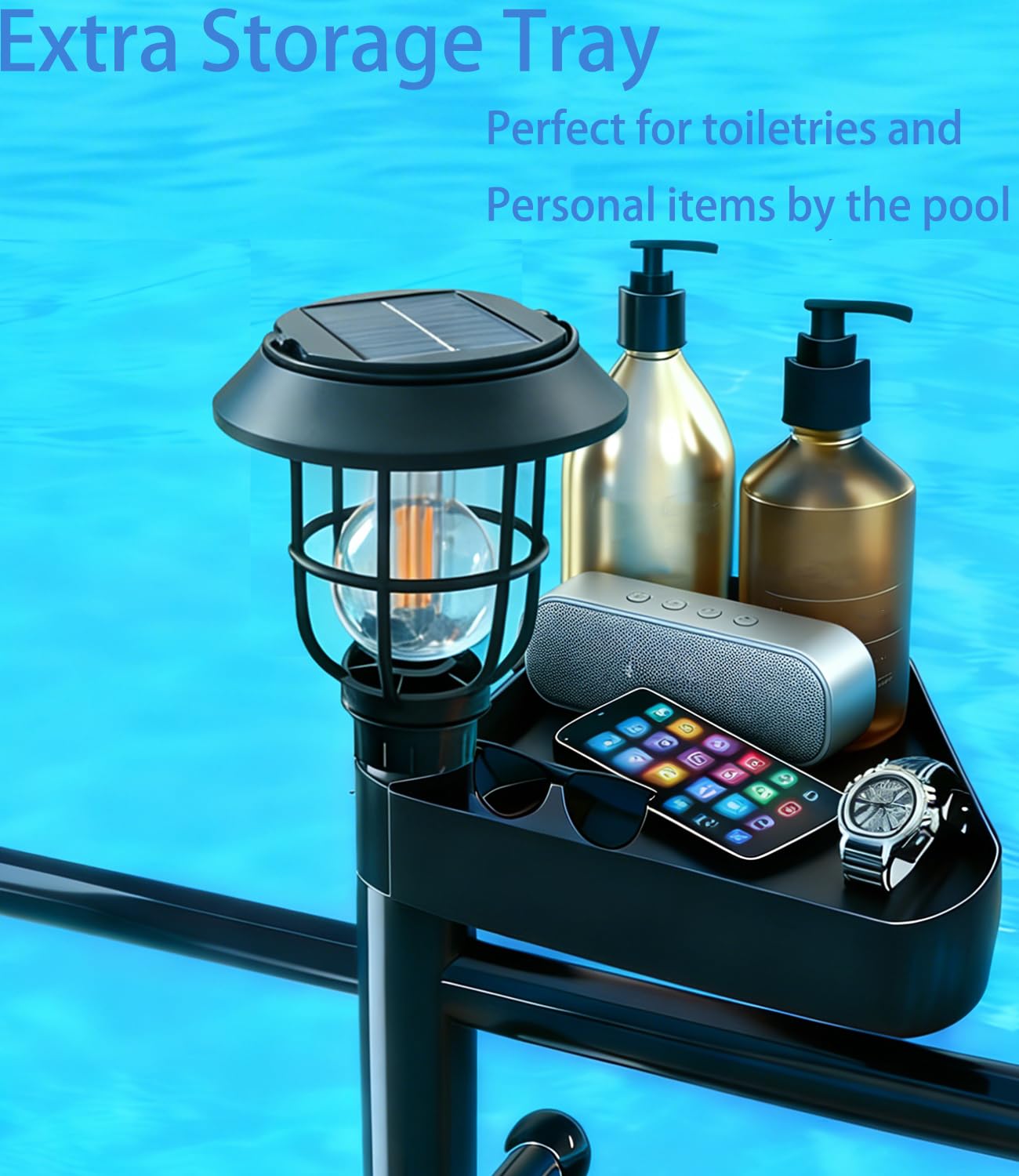 i365AMZ Pool Outdoor Towel Rack with Solar Light, 6 Bars with Top Tray Metal Heavy Duty Pool Accessories with Heavy Metal Base, Hot Tub Accessories for Pool and spa