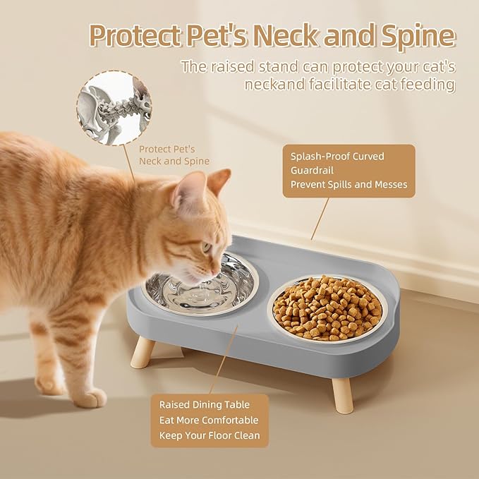 Elevated Cat Bowl, Raised Cat Food and Water Bowl Set for Indoor Cats, Splash Proof with 5 Stainless Steel Pet Food Bowls for Cats and Puppies, Whisker Fatigue and Dishwasher Safe - Grey