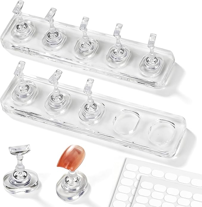 Non Magnet Nail Stand for Press On Nails Holder Painting Practice Display Fake Nails, Nail Tip Holders with Oval Stand Base for Handheld Diy Design & 200pcs Double-Sided Tapes Home Salon