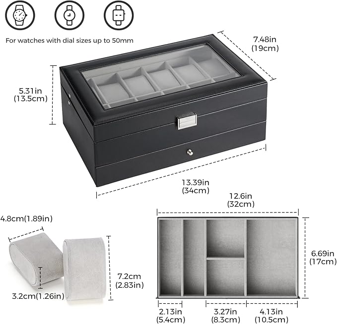 ProCase Watch Box, 12 Slot Mens Watch Case With Drawer, 2-Layer Watch Display Case With Glass Lid, Mens Jewelry Box Storage Holder Organizer, Birthday Valentine Gifts for Men -12Slot, Black