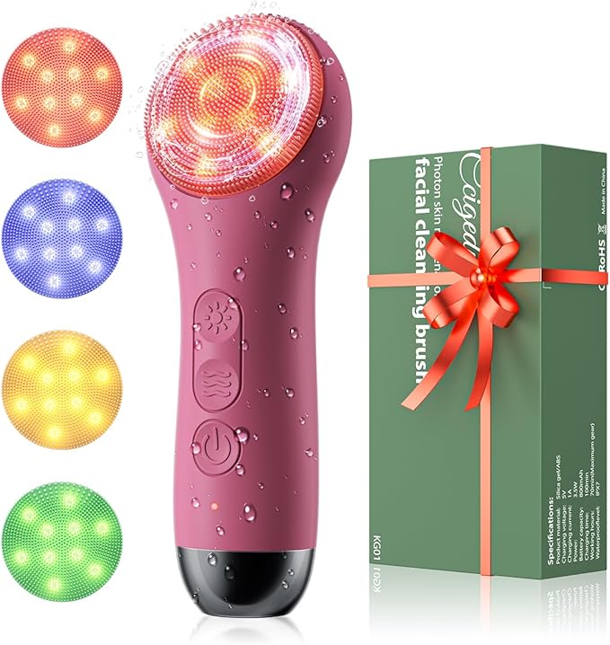 Face Scrubber Facial Cleansing Brush - Waterproof and Rechargeable Face Cleansing Brush with 4 LED Gentle Light, Cleansing, Exfoliating and Massaging, Electric Face Scrub Brush for Men & Women