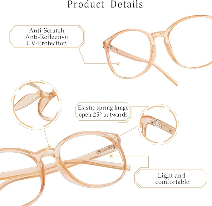 LifeArt Round Blue Light Blocking Glasses, Computer Glasses, Gaming Glasses, TV Glasses for Women Men (Champagne, 2.00 Magnification)