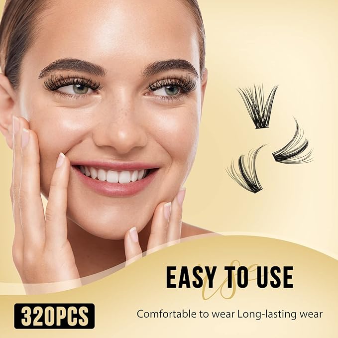 QUEWEL Lash Clusters 320Pcs Cluster Lashes 40D D Curl Lash Cluster Eyelash Extensions Mix9-16mm Individual Eyelashes Clusters Wispy Lash Clusters Thin Band Soft to Use at Home(40D D Mix9-16)