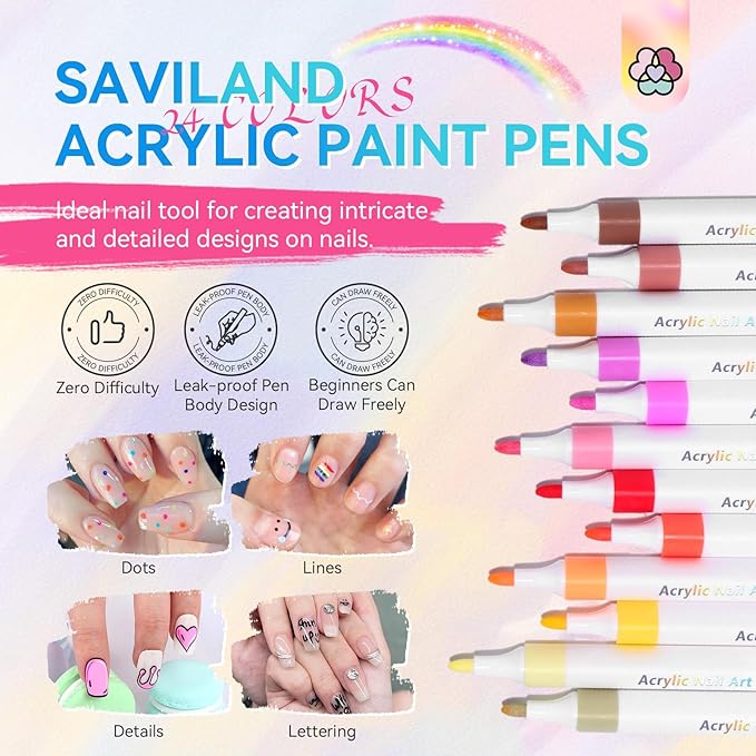 SAVILAND Nail Art Pens Set: 24 Summer Colors Nail Polish Pens for Nail Art, 10s Quick-Dry Waterproof Nail Art Pens with Fine Tips for Painting Nails, DIY Home Salon Manicure Beginners