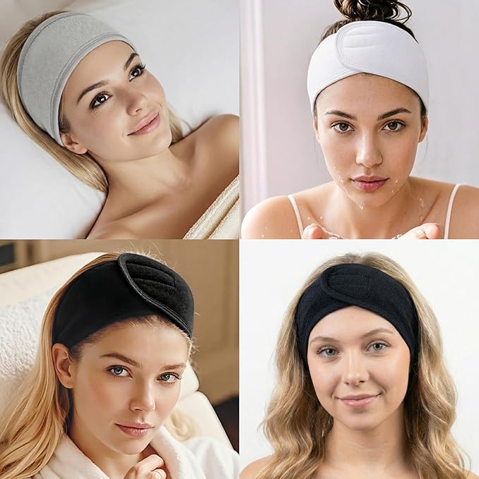 Spa Headband Velcro 3-Pack - Adjustable Terry Cloth Spa Headbands for Women, Facial Headband for Washing Face, Skincare, Makeup & Shower (Gray, White, Black)
