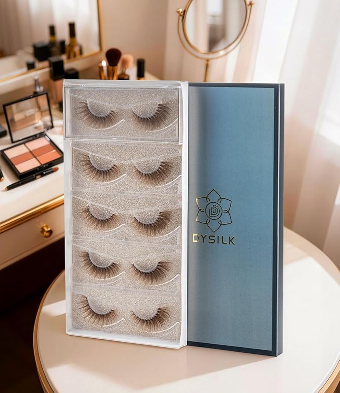 DYSILK Brown Wispy Lashes 5 Pairs, 16mm Cat Eye Eyelashes Natural & Fluffy, Faux Mink Lashes with Ultra Thin Invisible Band for Everyday Luxury, Reusable & Beginner-Friendly (Brown-01)