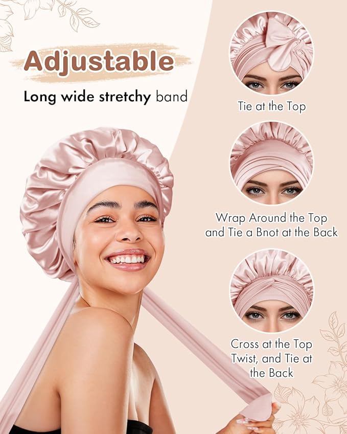 BONNET QUEEN Silk Bonnet for Sleeping Women Satin Bonnet Anti-Frizzy Night Sleep Cap Wrap for Curly Hair with Adjustable Tie Band, Champagne
