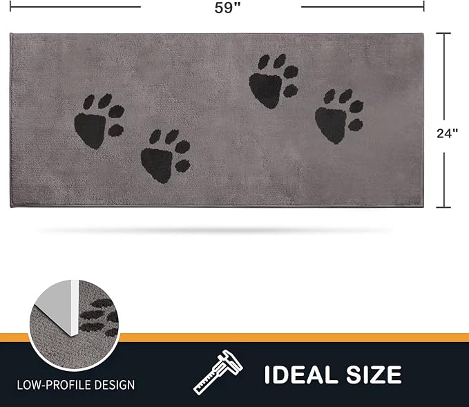 PURRUGS Dirt Trapping Door Mat 24" x 59", Non-Skid/Slip Machine Washable Microfiber Entrance Rug, Shoes Scraper, Dog Doormat, Super Absorbent Floor Mat for Muddy Wet Shoes and Paws, Light Grey