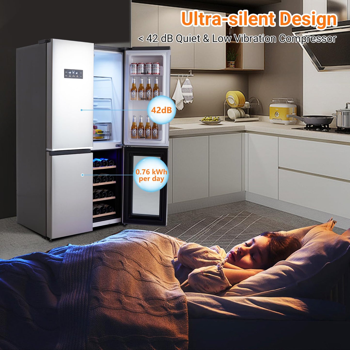 GarveeLife 36 In French Door Refrigerator, 21 Cu.Ft. Counter Depth Refrigerator Bottom Freezer with Wine Cabinet, Stainless Steel 4 Doors Fridges Kitchen Freezer, Adjustable Shelves