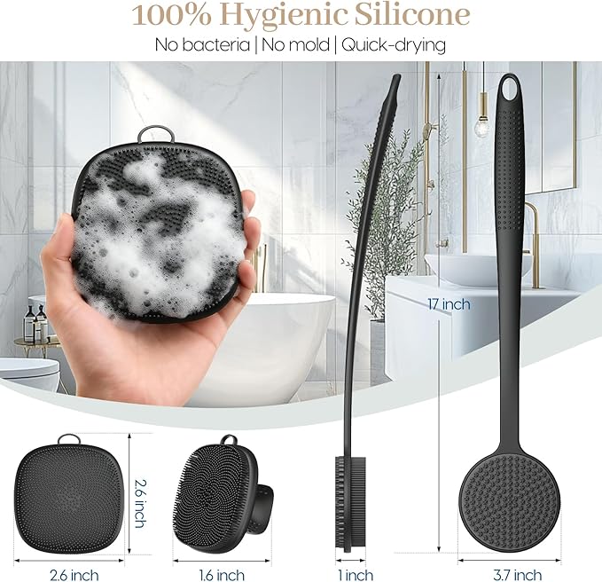 Back Scrubber for Shower & Face Scrubber, 2Pcs Silicone Exfoliating Brush Set with 17In Long Handle, Soft Body & Facial Cleansing Scrubber for Men Women
