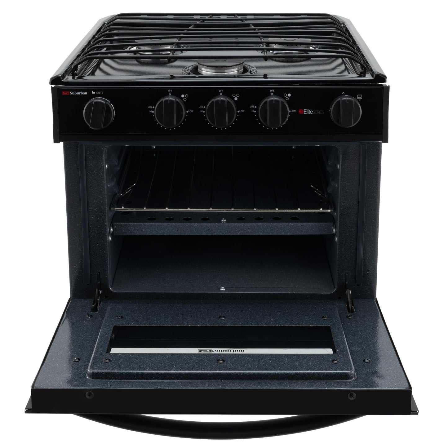 RecPro Suburban RV 17" Black 3 Burner Propane Range with Gas Oven | 9000 BTU Front Burner | Dual 6500 BTU Rear Burners | Piezo Ignition | Compact Built-In Range for RVs and Campers