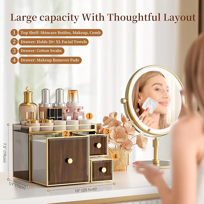 CoralHouse Tempered Glass Face Towel Holder with 3 Drawers, Bathroom Vanity Organizer for Disposable Face Towels, Cotton Pads, Swabs and Skincare