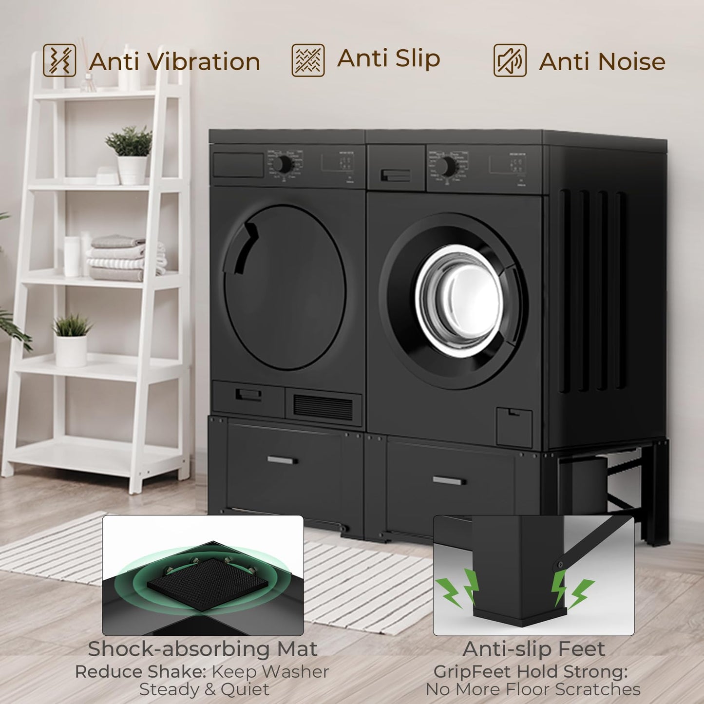 SKM Washer and Dryer Pedestal with Drawer, Laundry Pedestal for Washer and Dryer Stand, Heavy Duty Steel Washing Machine Stand Height Raiser (2, black, 28" W x 29" D x 14" H)