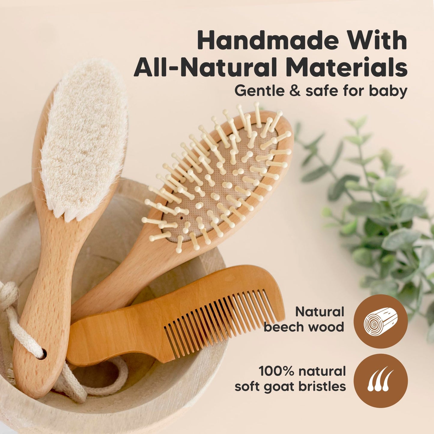 Baby Hair Brush Set for Newborns - Soft Goat Bristle Wooden Baby Brush and Comb Set Newborn Grooming Kit for Cradle Cap, Durable & Gentle, Boy, Girl Infant Essentials Care Kit (Regular, Walnut)