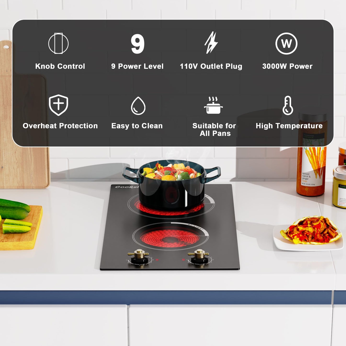 Cooksir 2 Burner Electric Cooktop - 12 Inch 220V Built-in Electric Stove Top 3000W, Ceramic Cook Top Radiant, 9 Power Heating Levels, Overheat Protection, Retro Knob, 220V - 240V Hard Wired (No Plug)
