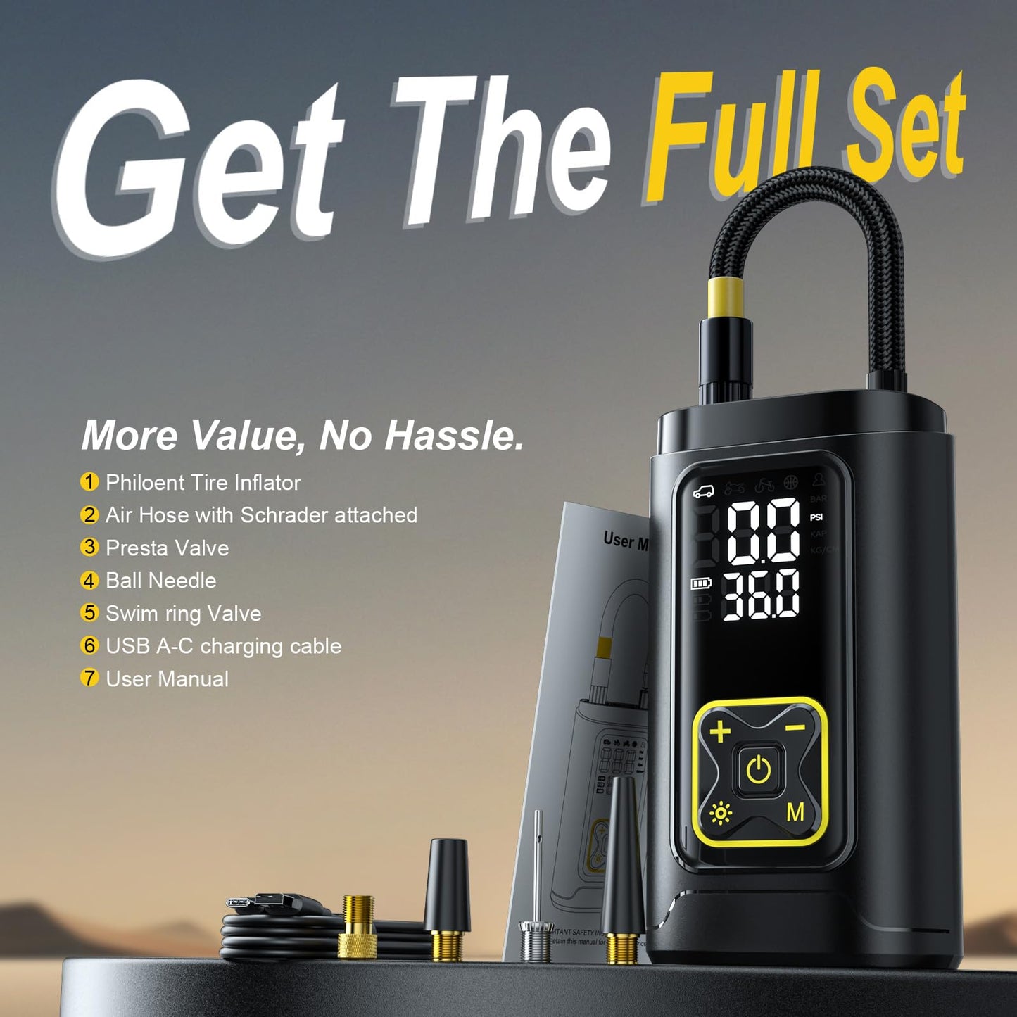 Philoent Tire Inflator Portable Air Compressor for Car Tires with Gauge, 150PSI Fast Bike Air Pump for Auto, Motorcycle, Bicycle, Balls, Digital Tire Pump with LED Light, Auto Shut-Off