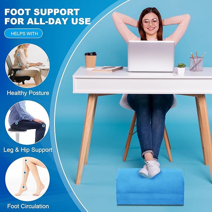 Foot Rest for Under Desk at Work, Foot Stool with Washable Cover, Comfortable Office Desk Accessories, Footrest with 3 Adjustable Heights, for Offices Gaming Chair, for Leg Support, Blue