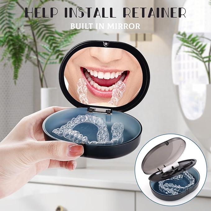 New Double-layer Retainer Storage Case with Belt Chewing,Removal Tool,Cleaning Brush,Built in Mirror Orthodontic Retainer Case