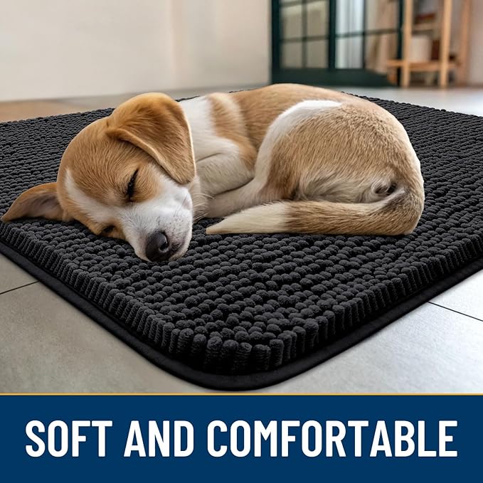 Smiry Dog Door Mat for Muddy Paws 34x21, Absorbs Moisture and Dirt Doormat, Non-Slip Washable Quick Dry Chenille Front Door Mat Indoor Entrance, Entryway Carpet for Inside Floor, Black