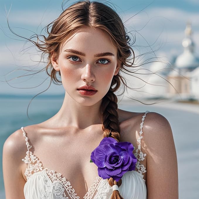 Rose Hair Clip Flower Hairpin Brooch Floral Clips, 4 Pcs Fabric Rose Flowers Hair Clips Mexican Hair Flowers Pin up Headpieces for Woman Girl Wedding Party Mother's Day (Dark Purple)