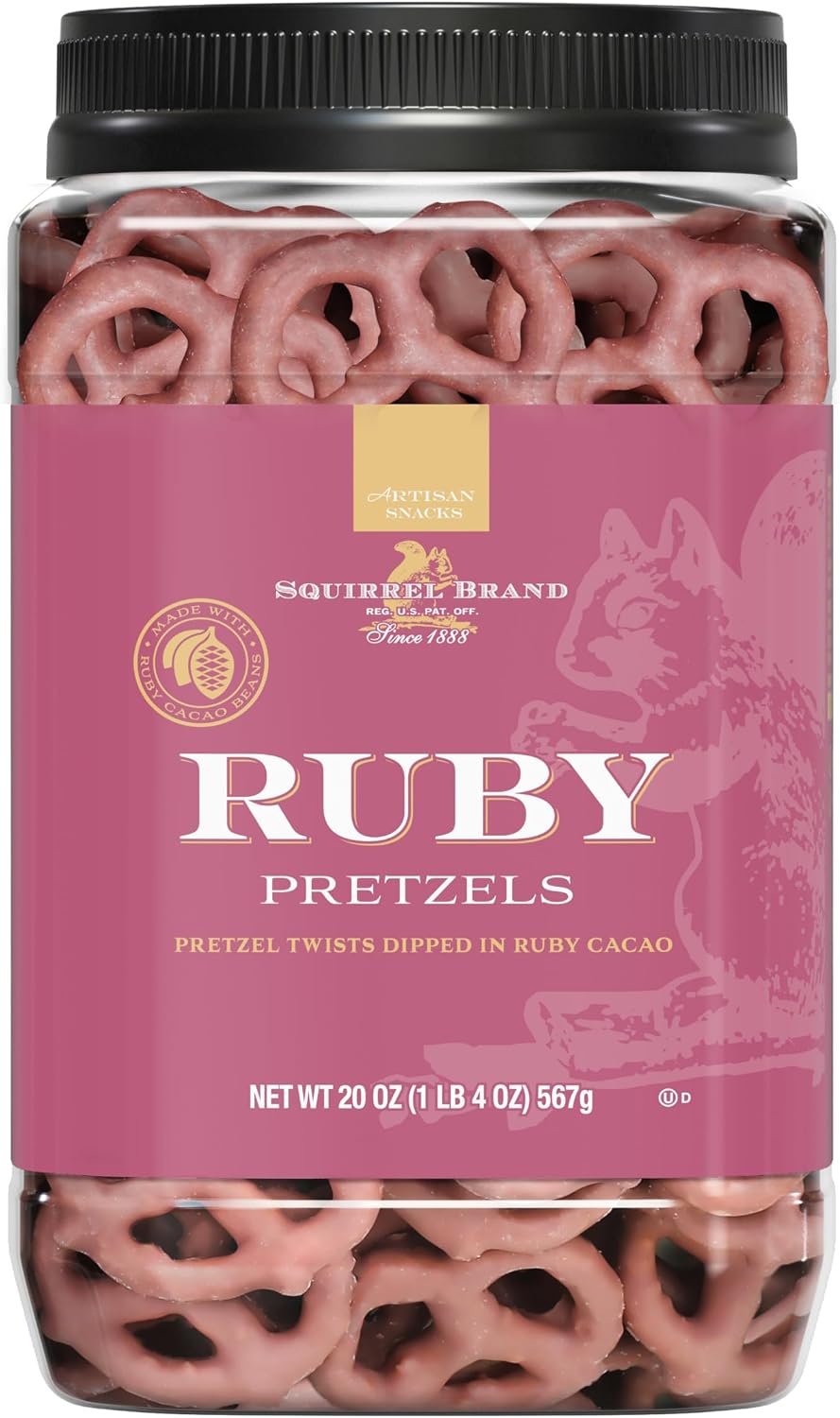 Squirrel Brand Ruby Cacao Pretzel Twists, 20oz Resealable Jar, Sweet & Salty Crunchy Snack, Gourmet Ruby Couverture Pretzel Treats, Premium Gift Idea, Holiday & Party Snack, Indulgent Artisan Ruby Treats