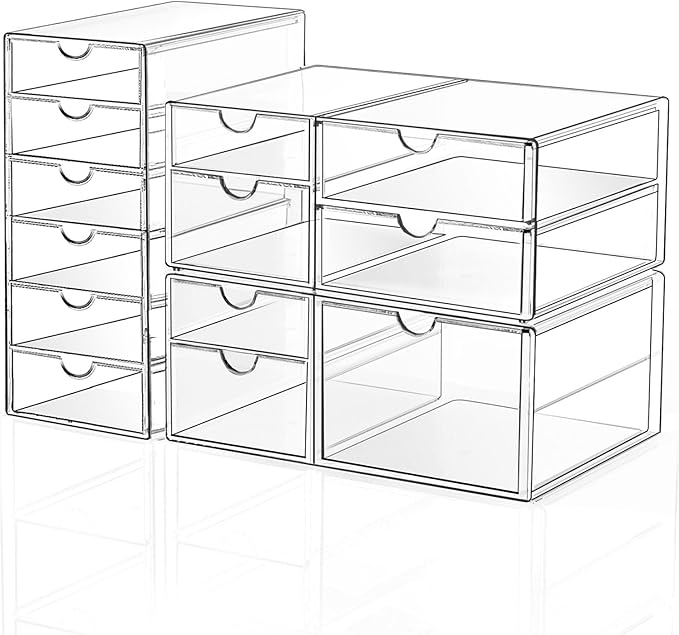 Makeup Drawer Storage Organizer with 13 Drawers, 3 Set Acrylic Office Desk Organization and Storage, Dustproof Drawer Organizer for Makeup, Office, Countertop, Jewelry, Pen, Desktop, Bathroom, Bedroom