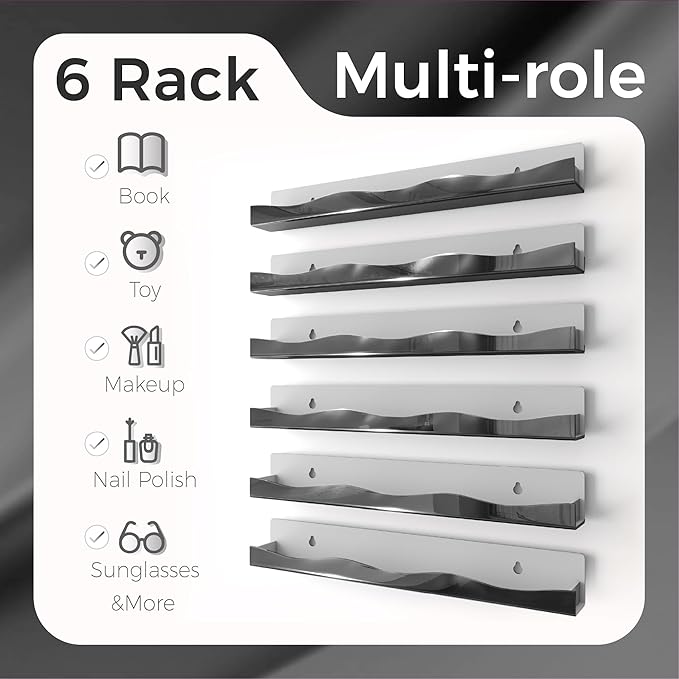 Wall-Mounted Nail Polish Organizer Rack - 15-Inch Black Mirror Finish Nail Polish Shelf, Makeup & Beauty Essentials Storage - Multi-Purpose Display Holder for Small Space, Vanity Bathroom, 6 Pack