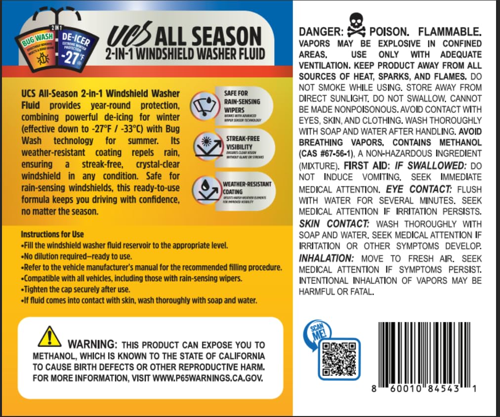 UCS Windshield Washer Fluid All Season -27°F, Freeze Protection, Water Repellent & Bug Remover, Streak-Free, 1 Gallon (128 fl oz)
