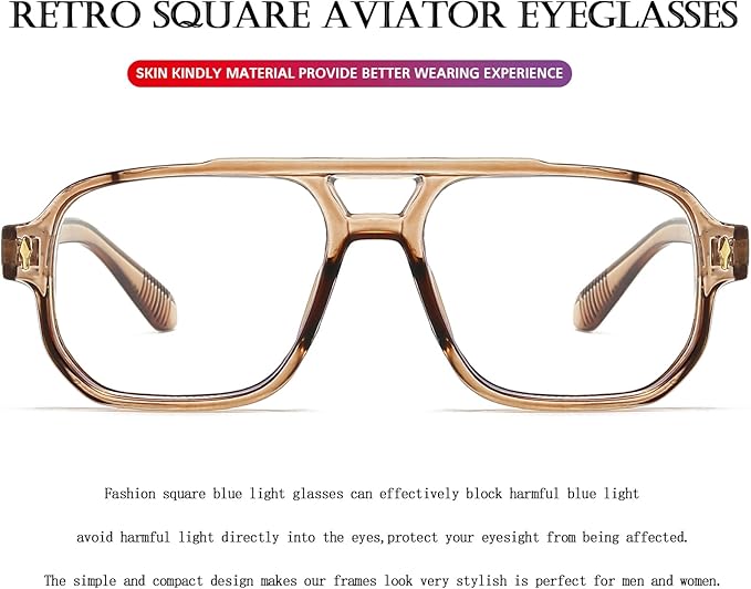 PORADAY Blue Light Blocking Glasses for Women Men 70s Retro Square Aviator Eyeglasses Rectangle Computer Eyewear