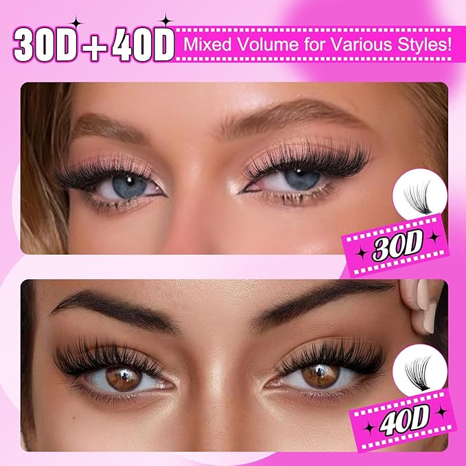 Yawamica DIY Lash Extension Kit 320pcs Individual Lashes Cluster, 9-16mm Mix 30D 40D Eyelash Clusters Wispy Lash Clusters Kit with Bond and Seal and Remover and Lash Applicator for Beginners