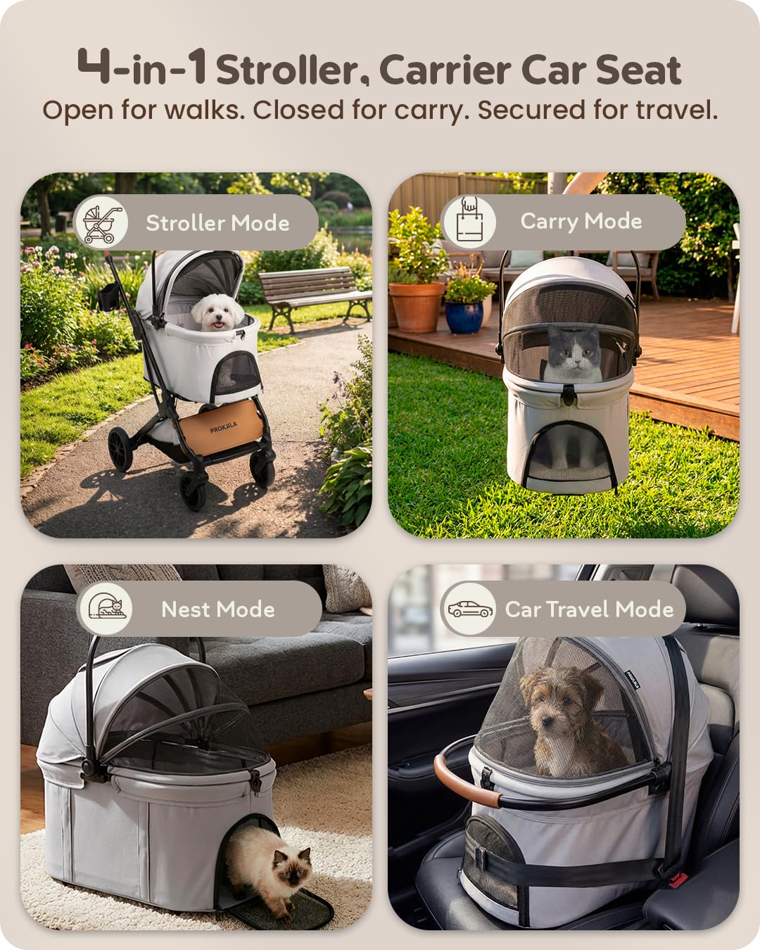 PAWLALA Pet Stroller with Detachable Carrier for Small & Medium Dogs & Cats, Smooth Comfort Ride with Shock-Absorbing Suspension, Foldable Dog Stroller, Compact Storage (Cloud Gray)